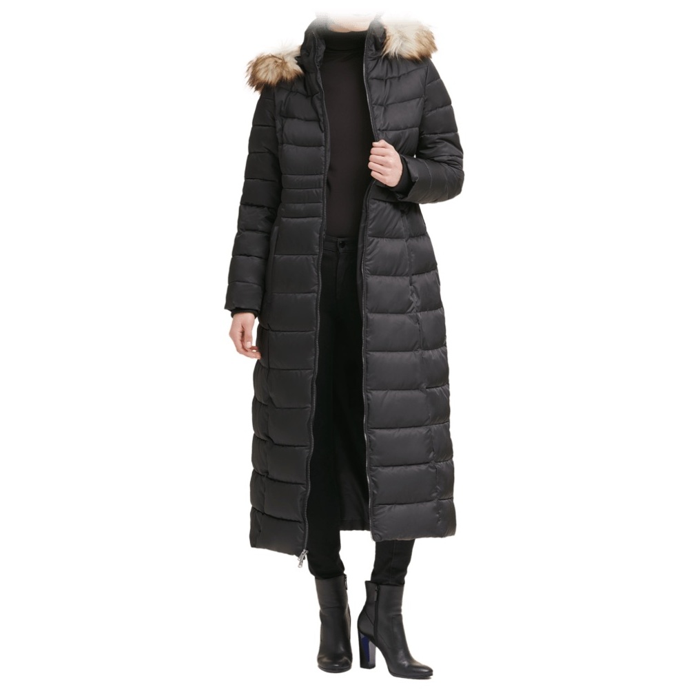 NWOT Kenneth Cole New York Long Black Puffer Coat with Fur Trim Size Large